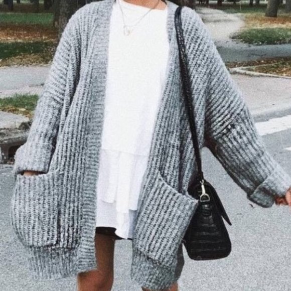 Zara Sweaters - | zara • oversized heather gray knit wool rolled sleeve cardigan sweater |